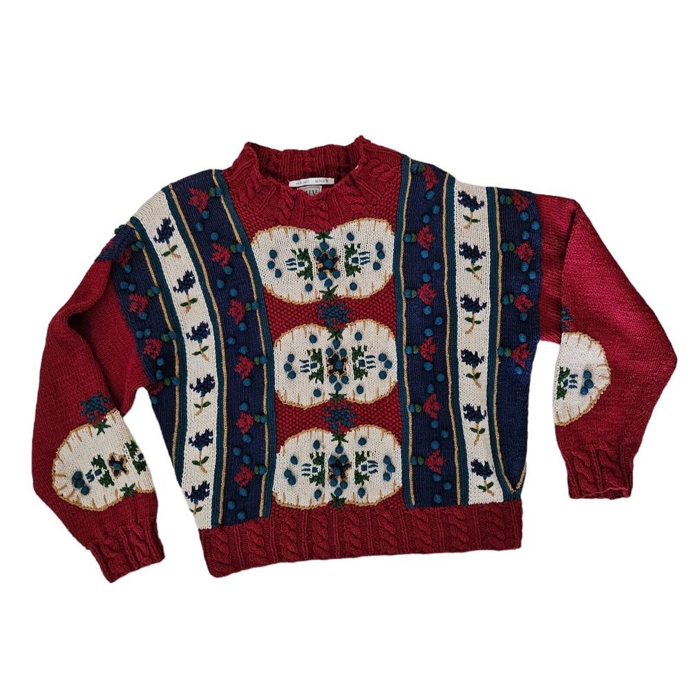 Vintage IVY Hand Knit Chunky Sweater Womens sz Small / Med Floral Funky